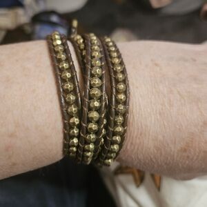 Brown and Gold Beaded Leather Wrap Bracelet